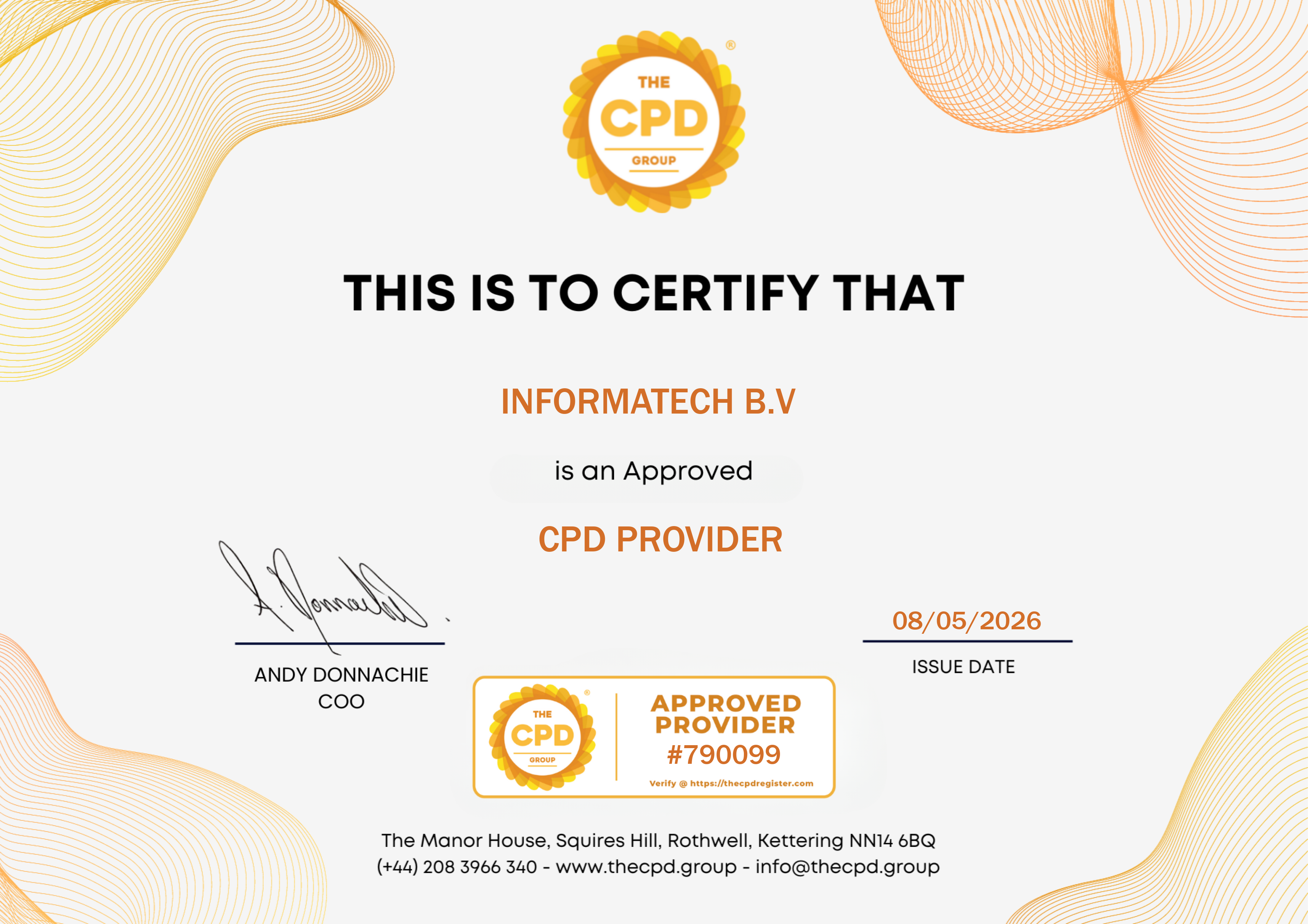 The CPD Register certificate for provider 790099